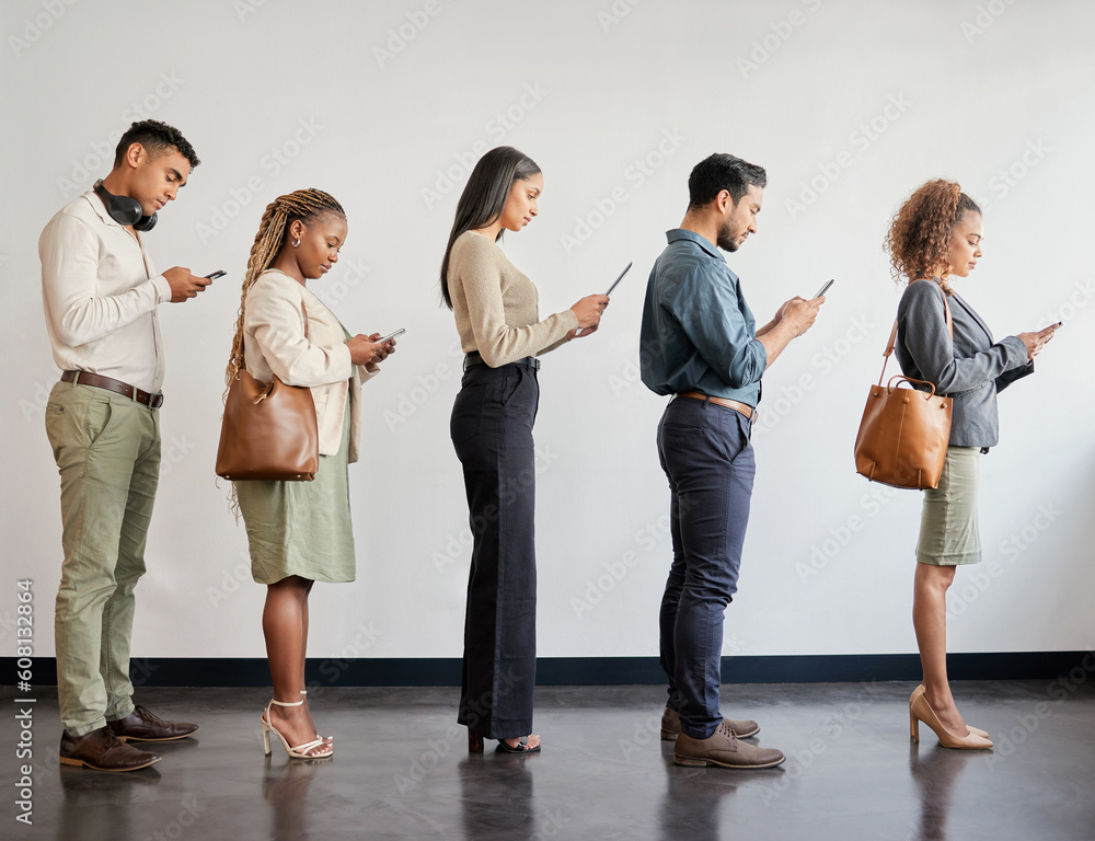Poster group, professional and cellphone standing in a line at a job interview at an agency or workplace. b