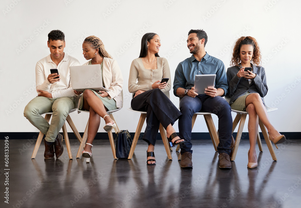 Poster technology, hiring and recruitment with business people sitting in line waiting for a human resource