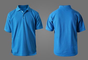 Blank collared shirt mock up template, front and back view,  plain blue t-shirt isolated on grey....