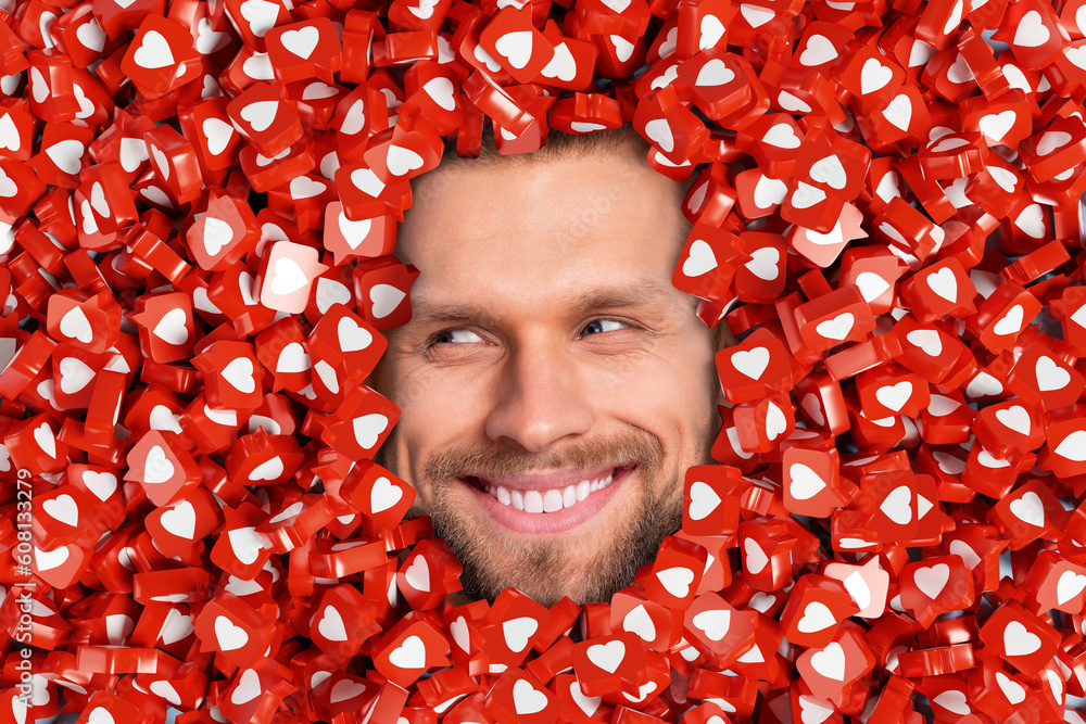 Aufkleber collage 3d pinup pop retro sketch image of tricky smiling guy face looking likes hole isolated red c