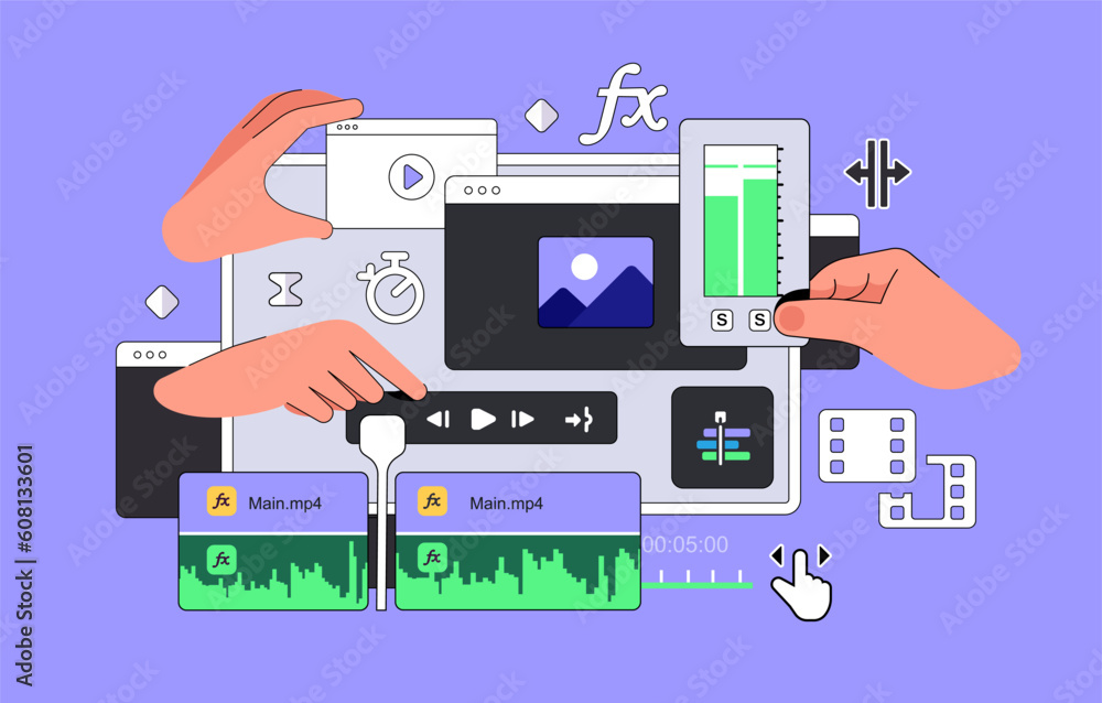 Poster the video editor program interface with hands. big dashboard for editing video clips. film footage m