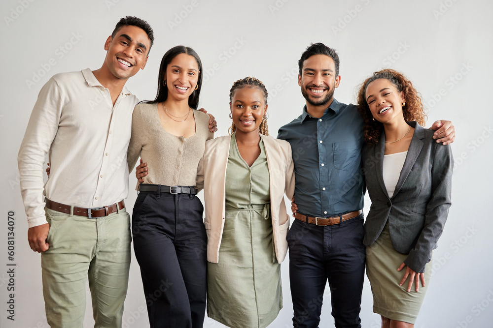 Poster Portrait, smile and group of business people, accountants and teamwork on wall background in office. Face, accounting and team of happy employees in collaboration, cooperation or corporate solidarity