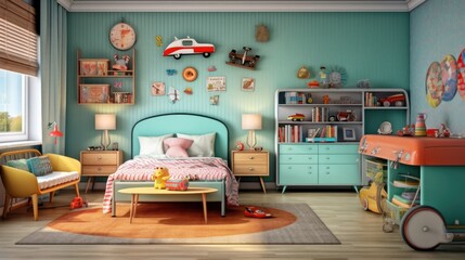 A playful and vibrant retro-themed kids' room, filled with colorful furniture, vintage toys, and whimsical decor. Generative AI