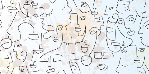 One line drawing. Abstract face seamless pattern.
