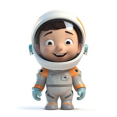 3D cartoon cute smiling character kid in astronaut suit or space suit and wearing helmet, isolated on white background, funny galaxy asset design. Ai generated