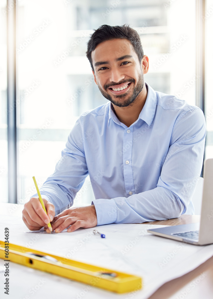 Poster engineering, blueprint and portrait of business man drawing, planning sketch or project management i
