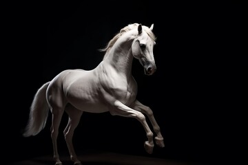Obraz na płótnie Canvas Standing and rearing silver white horse in studio interior dramatic lighting isolated on black with copy space area,Generative AI.