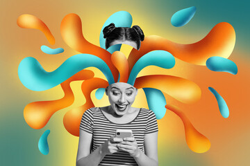 Collage 3d photo image artwork sketch of funky excited girl have fun use modern device isolated on...