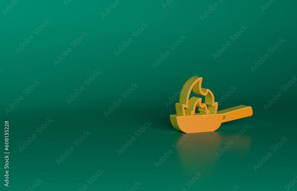 Sticker Orange Pan with fire icon isolated on green background. Minimalism concept. 3D render illustration