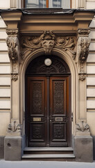Fototapeta na wymiar Vintage brown wooden front door on the facade of a building, AI generated