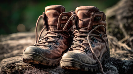Close-Up Of Used Brown Hiker Boots Standing On A Stone In Nature Symbolizing Lifes Journey - Generative AI