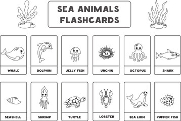Cute cartoon sea animals with names. Black and white. Flashcards for learning English.