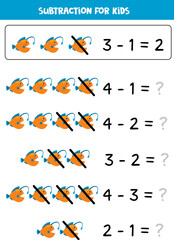 Subtraction with cute angler fish. Educational math game for kids.