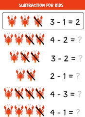 Subtraction with cute red lobster. Educational math game for kids.
