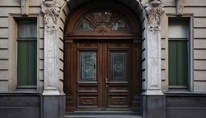 Vintage brown wooden front door on the facade of a building with windows, AI generated