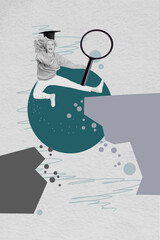 Vertical collage picture of excited black white colors girl mortarboard hat jumping above abyss...
