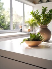 Fresh herbs in bowl on countertop in kitchen, space for text. generative AI