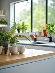 Interior of modern kitchen with white countertop and plants in pots. generative AI