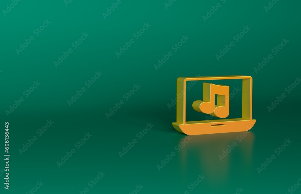 Canvas Prints orange laptop with music note symbol on screen icon isolated on green background. minimalism concept