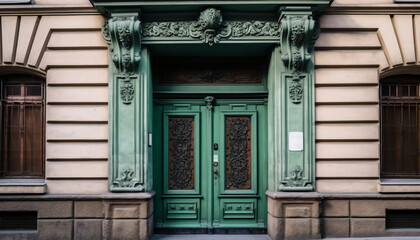 Fototapeta na wymiar Vintage green wooden entrance door with stained glass windows on the facade of the building, AI generated