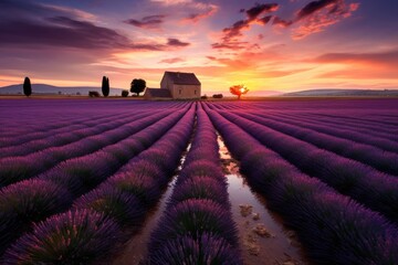 a picturesque lavender field at sunset with a distant house in the background