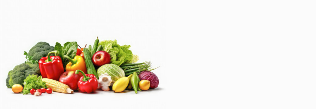 Ripe fresh vegetables and fruits on a white background. Harvest concept and healthy eating.Copy space for text.Banner.Generative AI