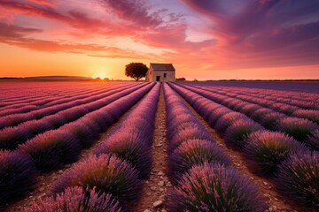 A picturesque lavender field with a charming house in the background