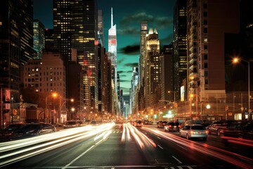 Fototapeta na wymiar Illustration of a busy city street with traffic at night, Generative AI