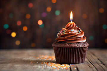 A chocolate birthday party cupcake with one candle and confetti on blurred background. Generative AI