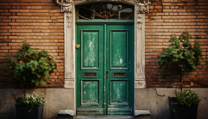 Fototapeta na wymiar Vintage green wooden entrance door on the facade of the house, AI generated