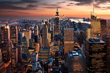 a city skyline at night as viewed from the top of a high-rise building