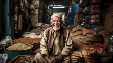 Old indian man sells spices in local market at beautiful sunlight, old smiling market seller with bags of different fragrant spices welcome customers, happy indian man sells spices on rural market