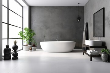 Obraz na płótnie Canvas Illustration of a serene bathroom with a large white bathtub positioned next to a picturesque window, Generative AI