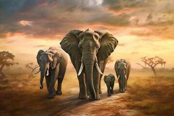 Elephant Family Walking Image. Generative AI