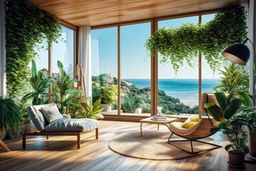 Illustration of a cozy living room with a panoramic view of the ocean, Generative AI