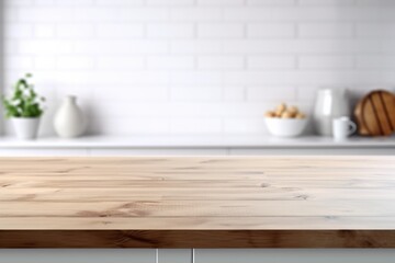Fototapeta na wymiar a Minimalist White Kitchen with a Wooden Table Top