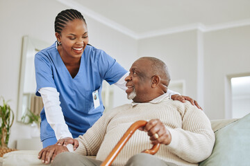 Caregiver, nurse or senior black man on a couch, retirement or help with healthcare or walking...