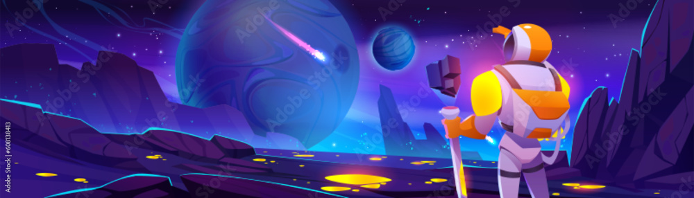 Poster astronaut explore planet in space cartoon fantasy vector background. falling meteorite in outer cosm