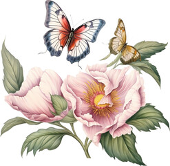 Peonies Flower with Butterflies Watercolor, Pink and White Florals, Generative AI