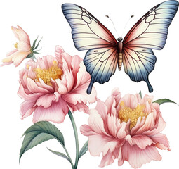 Peonies Flower with Butterflies Watercolor, Pink and White Florals, Generative AI