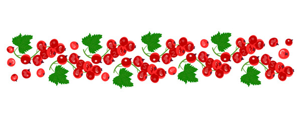 A pattern of red currant berries with green leaves. The concept of healthy eating. Ripe berries. Fruit picking. Vector illustration in a flat style.