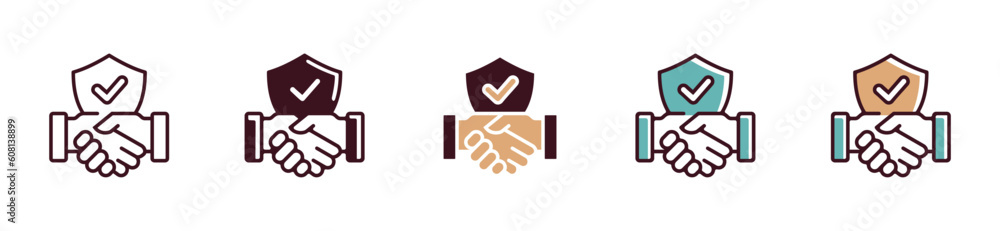 Aufkleber handshake with checked shield icon vector illustration contract deal agreement for policy protection