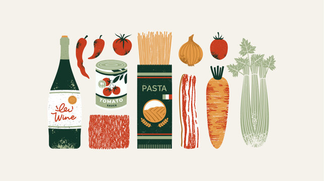 Traditional Italian pasta sauce ingredients. Pasta Bolognese horizontal illustration. Wine with spaghetti and celery with ground meat and tomato paste. 