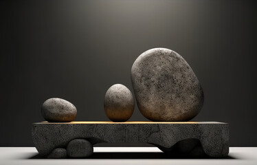 Mockup of a gray textured podium for product presentation, .scene with round stones on a dark background. Generative AI technology