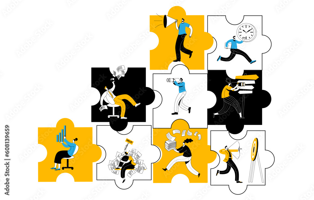 Aufkleber various characters are doing business in the puzzle pieces. vector illustration on the topic of inte