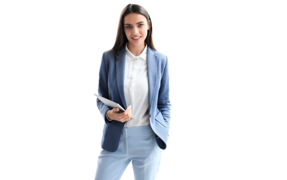 Handsome business woman using his tablet standing on a transparent background