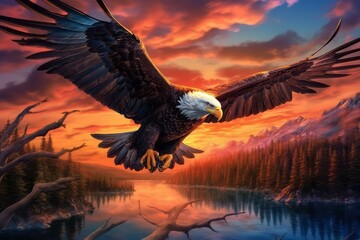 Fototapeta premium An epic image of a majestic Bald Eagle soaring through the sky, carrying an American flag in its talons, against a backdrop of a vibrant sunset colors. Concept strength and freedom. Generative AI
