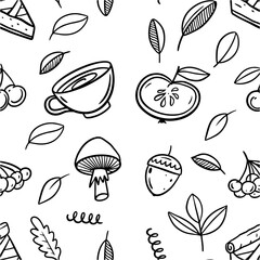 Hand drawn autumn season elements line art signs seamless pattern.