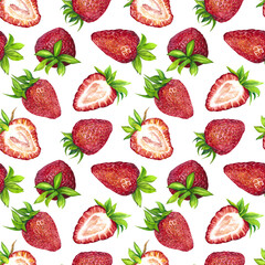 Seamless pattern of ripe juicy red strawberries. Watercolor illustration isolated on transparent background. The application is designed for printing on textiles, packaging