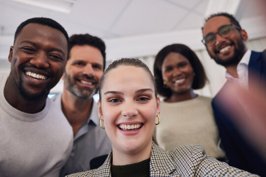 Group, business people and selfie in office portrait with smile, happiness and social media app with diversity. Men, woman and photography in workplace for teamwork, profile picture and solidarity
